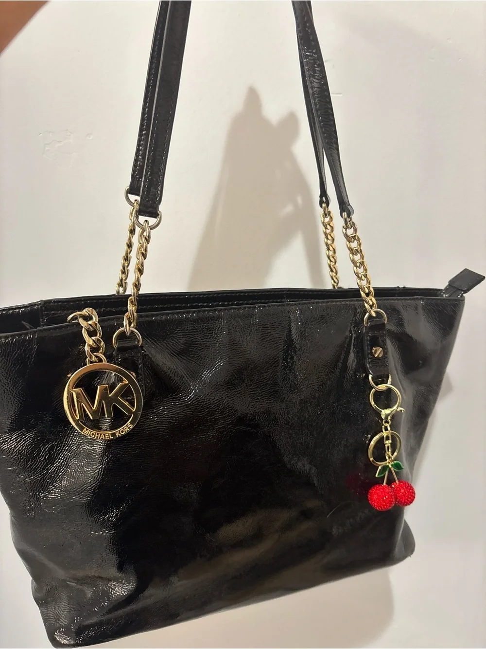 Michael Kors Black Patent Tote with Gold Chain Accents and Cherry Charm